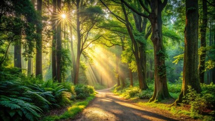 Obraz premium Serene winding dirt path surrounded by lush greenery and towering trees, leading deep into a tranquil forest, with dappled sunlight filtering through the canopy above.