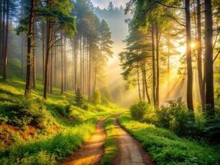 Fototapeta premium Serene winding dirt trail surrounded by lush greenery and towering trees, leading into a misty valley with a subtle golden morning light filtering through.