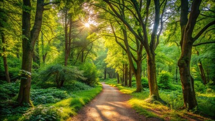 Serene winding dirt path surrounded by lush green foliage and towering trees, leading deep into a tranquil nature reserve on a sunny afternoon.