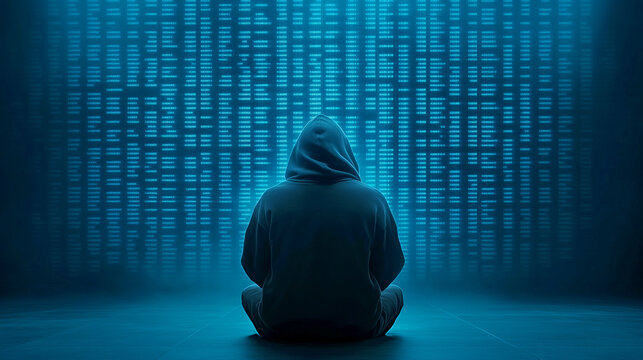 Mysterious hacker analyzing data in a dimly lit environment - Powered by Adobe