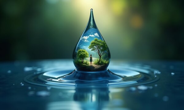 Realistic water drop with an ecosystem for world water day