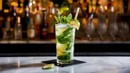 Cold Mojito Cocktail Made From Rum, Mint, Lime, Simple Syrup, and Soda Water on Marble Bar Counter