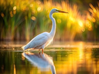 Fototapeta premium Slender white bird wades in serene waters, delicate feathers glistening in sunlight, long neck bent in hunting pose, tranquil nature scene unfolds.