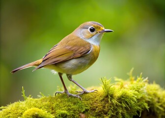 Fototapeta premium Small, ground-dwelling bird with brown back, grey underbelly, and distinctive white eye ring, perched on a moss-covered branch in a lush woodland setting.