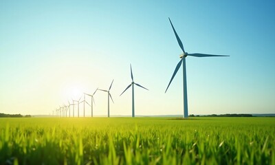 Wind turbines on a green field with greenery agriculture