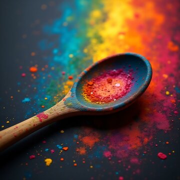 A colorful pnting with a wooden spoon and a colorful spoon.