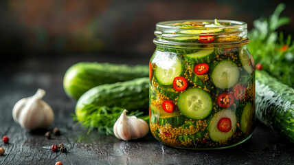 Jar of homemade pickles with herbs, garlic, and chili peppers