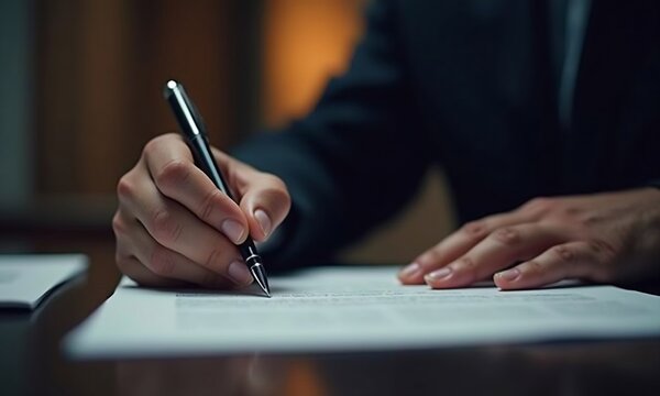 Businessman signing contract at desk with pen generated by 
