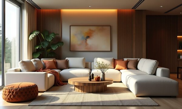 Modern indoor living room with comfortable sofa 