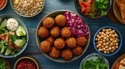 A collection of Middle Eastern falafel, with crispy chickpea balls and fresh salads.