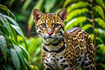 Obraz premium Striking Spotted Ocelot Stands Alert In The Lush Greenery Of Its Amazonian Habitat, Its Piercing Gaze Captivating The Viewer.