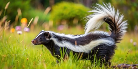 Obraz premium Striped, Skunk-Like Mammal With Long Bushy Tail Investigating Its Surroundings In The Meadow