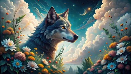 Stylish illustration of a wolf surrounded by clouds and flowers in a whimsical forest, symbolizing freedom and serenity.