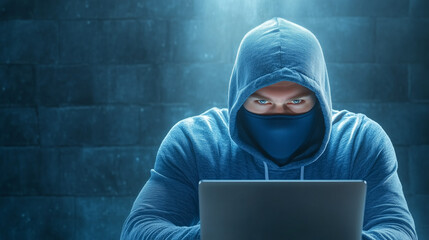 Person in a hoodie using a laptop in a dark room at night