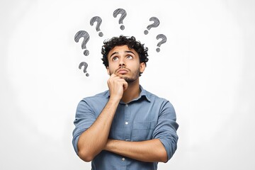 thinking man with puzzled expression and with question marks around him