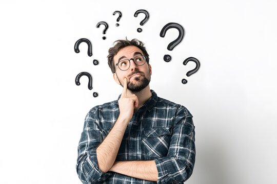 thinking man with puzzled expression and with question marks around him