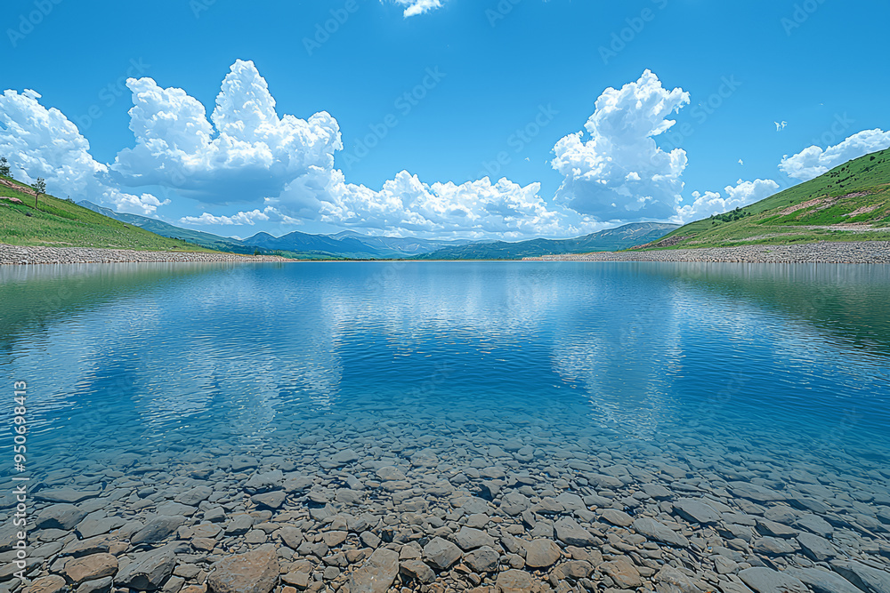 Poster an empty reservoir with its water levels significantly lowered, reflecting the severity of prolonged