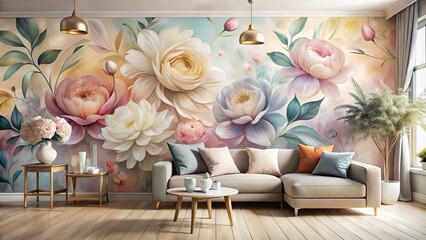 Vibrant abstract floral artwork adorns a modern wall, featuring soft brushstrokes, pastel hues, and delicate petals, creating a serene and elegant interior design accent.