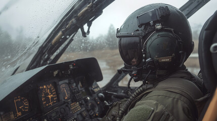 Fototapeta premium Side view of pilot sitting in cocpit of combat helicopter 