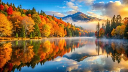 Fototapeta premium Vibrant autumn foliage surrounds a serene mountain lake, reflecting the warm golden light of a crisp fall morning, with misty fog rising from the tranquil water.