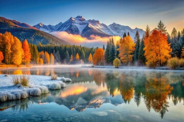 Fototapeta premium Vibrant autumn foliage surrounds a serene frozen lake, snow-capped mountains rise in the background, and frosty mist veils the tranquil forest landscape at dawn.