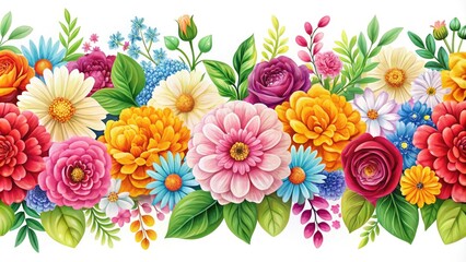 Vibrant blooming flowers in a repeating pattern create a seamless border design, perfect for backgrounds, wallpapers, and textiles, in a fresh and colorful arrangement.