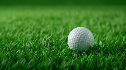 Obraz premium Golf Ball on Green Grass: A lone white golf ball rests on a lush green grass course, ready to be struck for a perfect shot. The image evokes the thrill of the game, the anticipation of a good drive, a