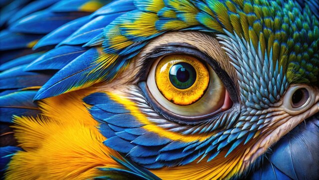 Vibrant blue and yellow feathers fill the frame in a stunning close-up of a bird's eye, capturing intricate details and textures of its iris.