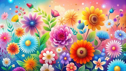 Vibrant colorful blooms of various flowers scattered across a bright pastel ombre background, surrounded by whimsical abstract illustration elements in a stylized vector design.