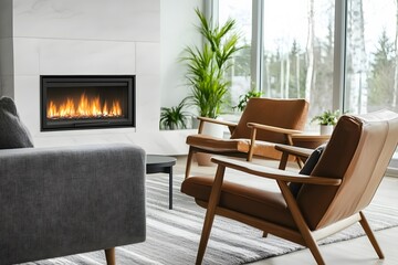 Fototapeta premium modern living room with leather chairs and fireplace