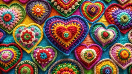 Vibrant colorful heart-shaped crochet design with intricate stitches and delicate textures, perfectly capturing the essence of love, warmth, and handmade craftsmanship in a modern aesthetic.
