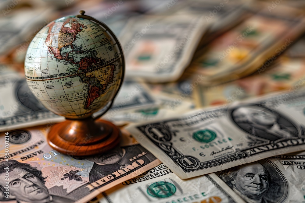 Poster a globe surrounded by currency: exploring the connection between geography and finance