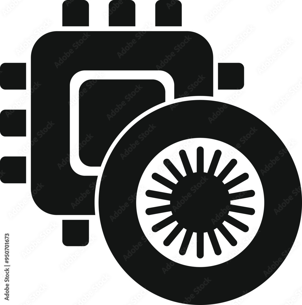 Poster black icon of a modern car processor optimizing vehicle performance and efficiency