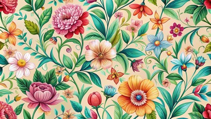 Obraz premium Vibrant floral patterns on a pastel-hued background featuring intricate illustrations of blooming flowers, leaves, and vines in a seamless repeatable vector design.