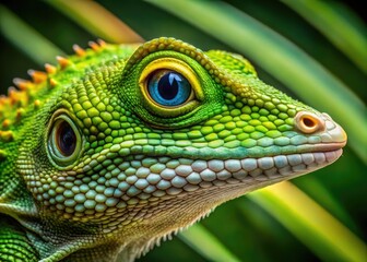 Obraz premium Vibrant green anole lizard's scaly skin and spiky dewlap are magnified in extreme close-up, showcasing intricate textures and patterns in stunning macro detail.