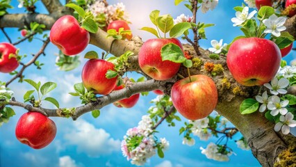 Obraz premium Vibrant green apple tree branches stretch towards the sky, adorned with juicy red apples, delicate blossoms, and rustic brown bark, against a soft blue background.