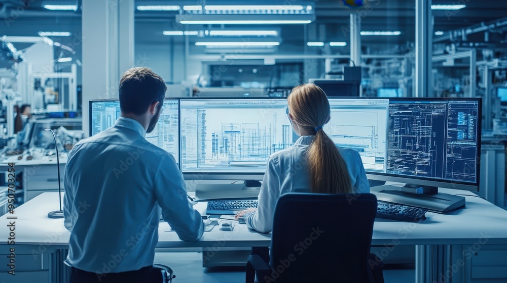 Poster engineers analyzing technical blueprints in high-tech office