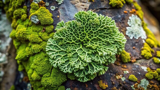 Vibrant green lichen grows in intricate patterns on rough, weathered stone, showcasing its delicate, lace-like texture and earthy tones in stunning macro detail.