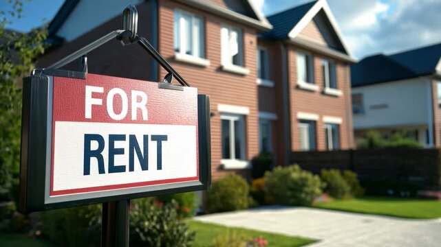 This property features a welcoming entrance with a for rent sign, showcasing a two-story residential home located in a quiet community with lush greenery.