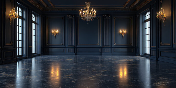An empty elegant vintage room at night with copy space, decorated with chandelier and lamps, creating a luxury dark royal hall background. Perfect for formal events or sophisticated home decor.