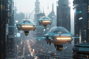 Fototapeta premium Futuristic digital art of a cityscape with floating vehicles, Sci-fi, Innovation