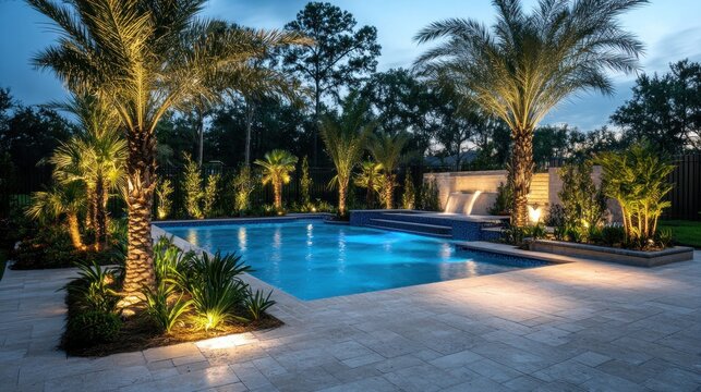 Illuminated Backyard Oasis with Pool and Waterfall Feature