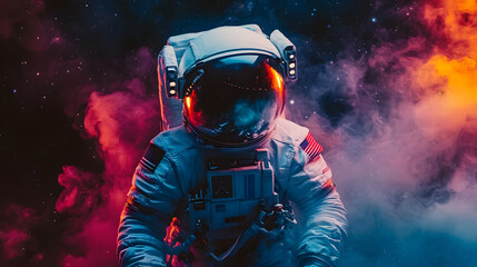 Obraz premium Picture of astronaut - man or woman in suit with helmet, cosmic gas around