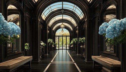 Elegant ebony hall with teak benches and sky blue floral design.