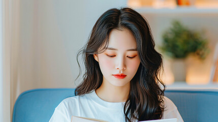 Lost in the Pages: A young woman with long black hair, dressed in a white t-shirt, is engrossed in a book, her gaze focused on the words, creating a sense of tranquility and intellectual curiosity. Th