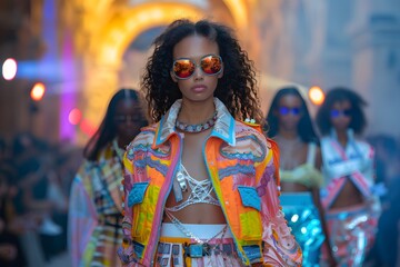 Obraz premium Vibrant Fashion Showcase: Models Strut in Colorful Attire and Bold Accessories