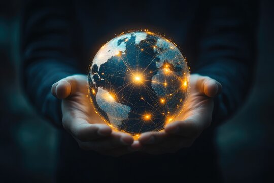 Futuristic Globe: Businessman Navigating Global Digital Network