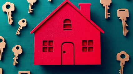A bright red house centerpiece with multiple golden keys arranged around it highlights the theme of real estate and home ownership
