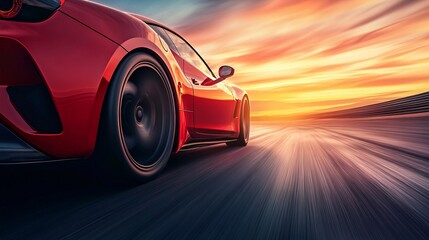 A vibrant red sports car zooms down the highway at dusk, illuminated by the golden sunset.