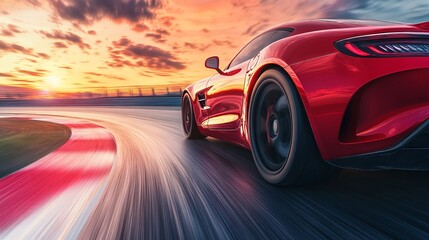 A vibrant red sports car zooms down the highway at dusk, illuminated by the golden sunset.